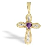 14K Yellow Gold Genuine Heart Amethyst and Diamond Cross Pendant