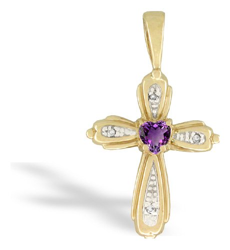 14K Yellow Gold Genuine Heart Amethyst and Diamond Cross Pendant