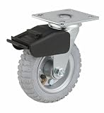 E.R. Wagner 4FN8 6" Diameter Fully Gray Pneumatic Soft Tread/Steel Hub Wheel Swivel Plate Caster with Total Lock Brake, 4-1/2" Length X 4" Width Plate, 200 lbs Capacity Range