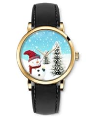 SPRAWL Aanalog Fashion Series Gold Ladies Watches of Genuine Black Leather Strap,Unique Wrist Watch for Women Girls Designed with Snowman and pine