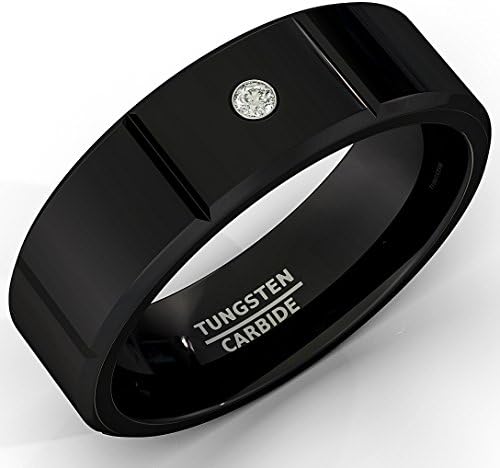Mens Wedding Band 8mm Black Tungsten Ring Polished Sectioned Cz Diamond Beveled Edge Comfort Fit Tu41 (10)