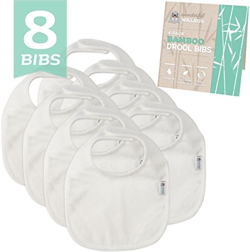 Bamboo Terry Drool Bibs. Waterproof 8-Piece Set For Baby by Wonderful Walrus. Natural. Simple. Classic. 2 Reversible, Ultra Soft &amp; Absorbent Layers. In White for Ideal Unisex Gift or to Decorate.