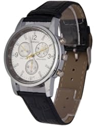 Vktech Unisex PU Strap Sport Quartz Analog Watch with 3 Small Dials Decoration (Black and white)