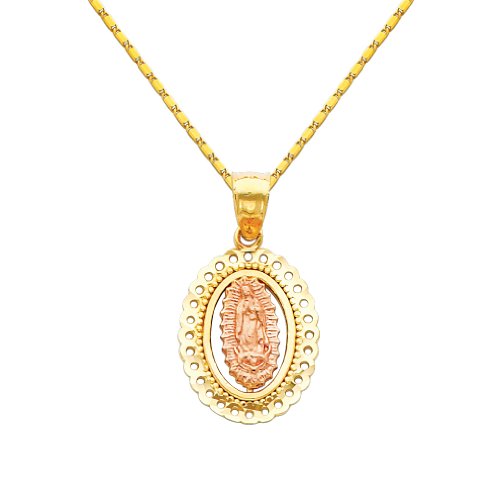 14K Yellow and Rose 2 Tone Gold Religious Mary Guadlupe Charm Pendant with Yellow Gold 1mm Snail Link Chain Necklace with Spring Ring Clasp - Pendant Necklace Combination (Different Chain Lengths Available)