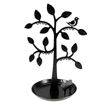 Cut Out Bird Tree Jewelry Stand with Tray Black Silhouette