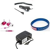 Samsung HighNote M630 Accessory Bundle- Metal Bullet Pink Stereo Headset Earphones + Auto Car Vehicle Charger + Home Wall Travel Charger + Free Stars Stripes Wristband