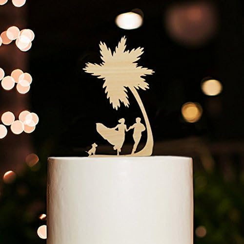 Wedding Cake Toppers Runing Bride and Groom Silhouette with Dog Beach Palm Tree Wedding Topper