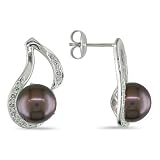 Sterling Silver Black FW Pearl Diamond Earrings
