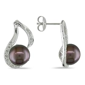 Sterling Silver Black FW Pearl Diamond Earrings by Amour