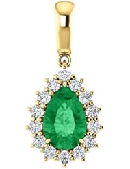 14K Yellow Gold 9.00x6.00mm Pear Cut Chatham Created Emerald and Diamond Pendant -- LIFETIME WARRANTY