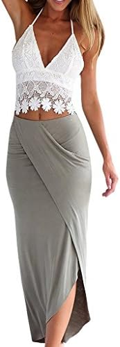 ZHU Women's Sexy V-neck Backless Lace Top Irregular Hem Dress