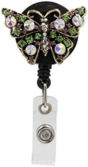 Butterfly Rhinestone Retractable Badge Holder ID Card Holder Reel with Swivel-Back Alligator Clip Green