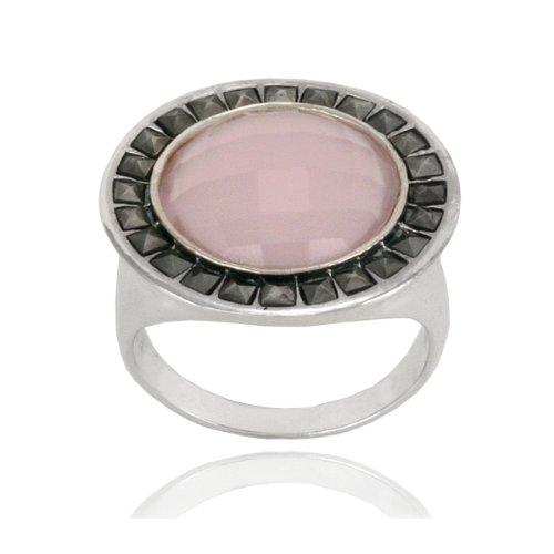Sterling Silver Marcasite and Faceted Rose Quartz Colored Glass Round Ring, Size 6