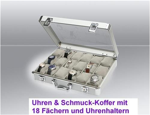 SAFE UHRENKOFFER DIAMANT Nr. 266-G ALU MIT 18 GRAUEN FÄCHERN UND HERAUSNEHMBAREN 18 x UHRENHALTERN & SCHMUCKHALTERN FÜR UHREN - TASCHENUHREN - ARMBANDUHREN - SCHMUCK - KETTEN USW.- MIT TRANSPARENTER ABDECKUNG MIT 2 SCHLÖßERN ABSCHLIEßBAR