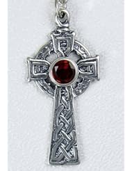 Beautifully Detailed Sterling Silver Celtic Cross Accented with Genuine Garnet, Made in America