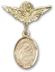 14K Gold Baby Badge with St. Aloysius Gonzaga Charm and Angel with Wings Badge Pin