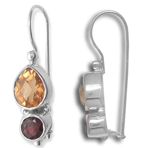 Sterling Silver Champagne Quartz and Garnet Latchback Earrings by Sajen