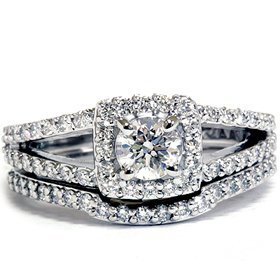 1.20CT Pave Halo Split Shank Diamond Ring Set 14K White Gold