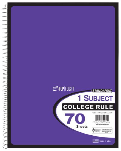 Top Flight Standards 1-Subject Wirebound Notebook, 8x10.5 Inches, 70 Sheets, College Rule, Purple