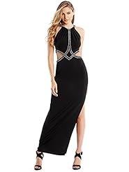 Beaded Slit  Cutout Pleated Halter Sleeveless Polyester/Spandex/Viscose/Knit  Dress With Rhinestones