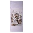 Handmade Asian Wall Art Scroll Painting On Textured White Brocade - Mountain Lake Fishing
