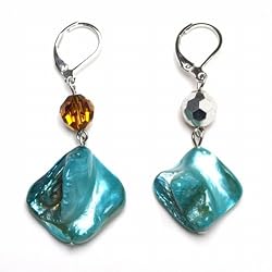 Turquoise Color Shell and Brown Crystal Drop Earrings Fashion Jewelry