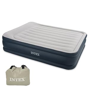 Intex Deluxe Pillow Raised Airbed with Built In Electric Pump - Navy/Grey, 152x203x48cm