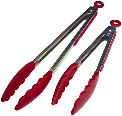 Kitchen Tongs Set - Salad &amp; Grill Stainless Steel Serving Tongs with Silicone Tips - 9"&amp;12" (Cherry Red)
