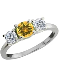 0.99 Ct Round Yellow Citrine G/H Diamond 18K White Gold Ring