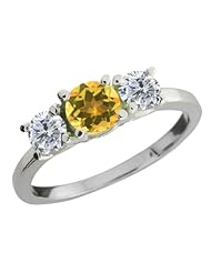 0.99 Ct Round Yellow Citrine G/H Diamond 18K White Gold Ring
