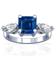 14K White Gold Emerald Cut Blue Sapphire Three Stone Ring