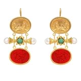 Tagliamonte - 14k Yellow Gold Red Venetian Glass Cameo, Freshwater Cultured Pearl and Green Tourmaline Earrings