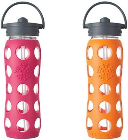 LifeFactory 22oz Glass Bottle with Straw Cap 2 pack - Raspberry & Orange