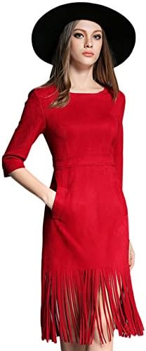 Fuyongsangni Women's Fashion Package Hip Bodycon Dress Faux Suede Fringed Hem Dress Wine Red X-Large