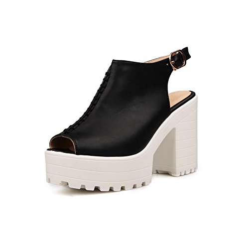 Maymeenth Womens Open Peep Toes High Heel Chunky Platform PU Solid Sandals with Metal Buckles and Thread