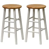 Set of 2 White and Natural Finish 24 Bar Stools