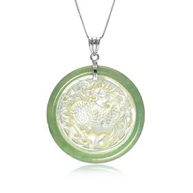 Sterling Silver Green Jade and Mother-of-Pearl Dragon Disc Pendant by