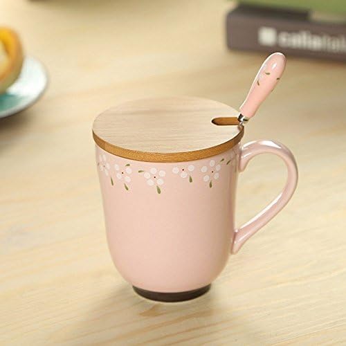 Keabby Elegant Cramics Coffee Mug Office Cup Milk Cup 301-400mLwith Wood Cover&amp;Spoon(Pink)