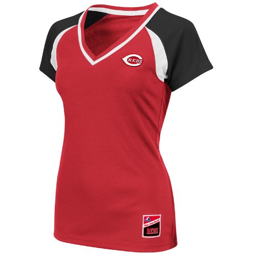 MLB Cincinnati Reds Women's Short Sleeve Raglan Deep V-Neck Synthetic Tee (Athletic Red/Black/White, Medium)