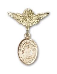 14K Gold Baby Badge with St. Edith Stein Charm and Angel with Wings Badge Pin