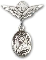 Sterling Silver Baby Badge with St. Dominic Savio Charm and Angel with Wings Badge Pin