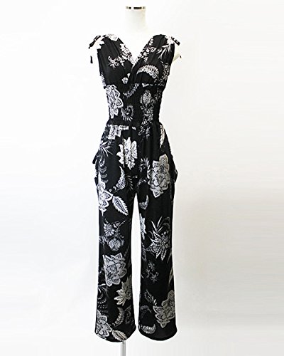 レディース　サロペット オールインワン　コンビネゾン　上質　オールインワンサロペット　シャーリング　ミラノインポート　ジャンプスーツ　フラワー柄　ボタニカル　花柄　黒　ブラック　ギャザー　ひも付き