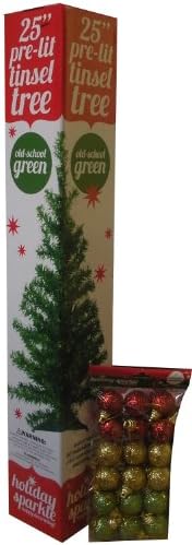 Holiday Sparkle 25" Old-School Green Pre-Lit Tinsel Tree with BONUS 18 1" Mini Glitz Ornaments (Red, Gold, Green)