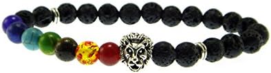 KOKY Black Lava Rock and Chakra Stone Beaded Bracelet with Silver Lion Head