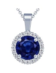 18K White Gold Round Cut Blue Sapphire And Round Diamond Pendant (GIA Certificate)
