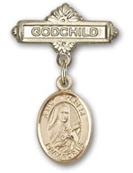 14K Gold Baby Badge with St. Therese of Lisieux Charm and Godchild Badge Pin