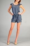 Women's Ruffle Capsleeve Tunic Romper with Studded Neckline and Drawstring Waist