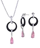 Sterling Silver Black Onyx with Clear and Pink CZ Circle Pendant and Earring Set