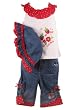 B T Kids Spring/Summer Infant Baby Girls 3 pc. Red Polka Dot and Denim Embroidered Capri Pant Set with Matching Hat