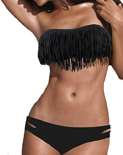 Martha Hot Sexy Pure Color Tassels Bikini Swimsuit(Black,US6-8)